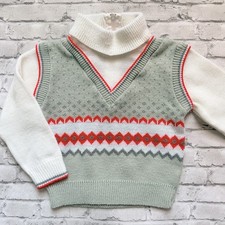 Vintage 1980s Grey  Red Baby Turtle Neck Sweater Vest Set Size 12-18 Mos