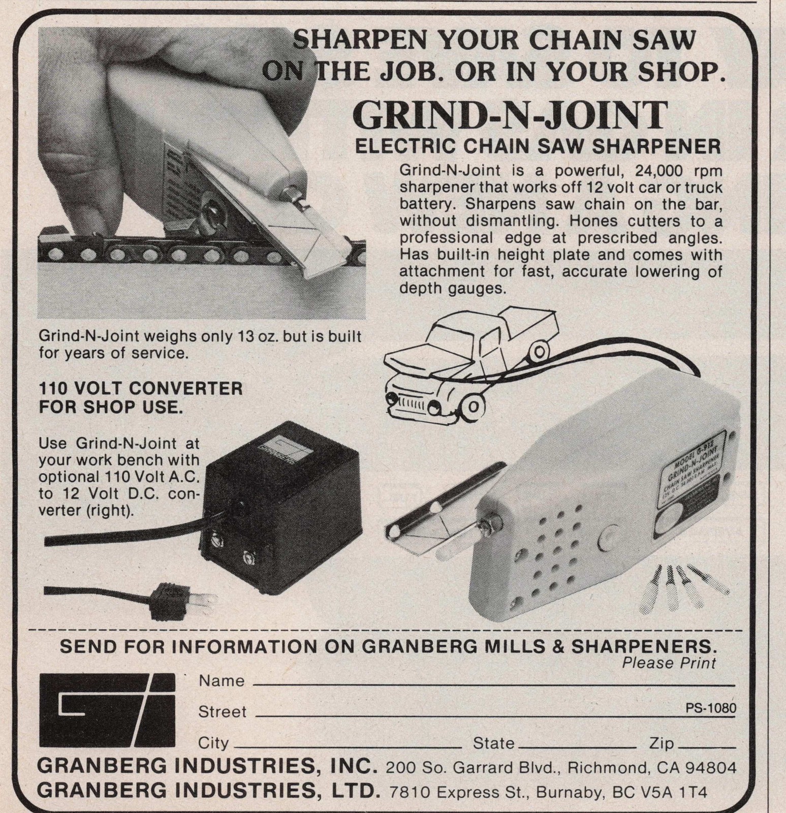 1980 Vintage Print Ad Granberg Industries Grind-N-Joint Chain Saw Sharpener