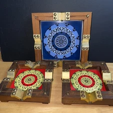 Vintage MCM  - Trinket Hand painted Tile Inlay In Wooden & Brass Set of 3