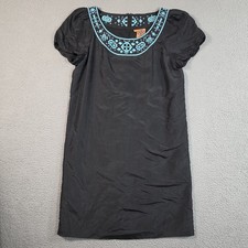 Tory Burch Lottie Silk Shift Dress Womens 10Black Turquoise Embroidered NO BELT*