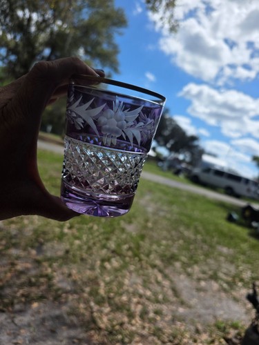 3 Cut Crystal Purple Etched Floral Gold Rim Tumblers