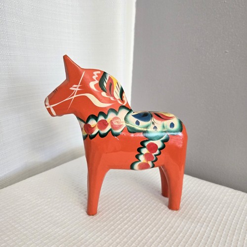 Vtg Dala Horse Till Olsson 7" Wood Sweden Bright Orange Scandinavian Folk Art - Picture 2 of 9