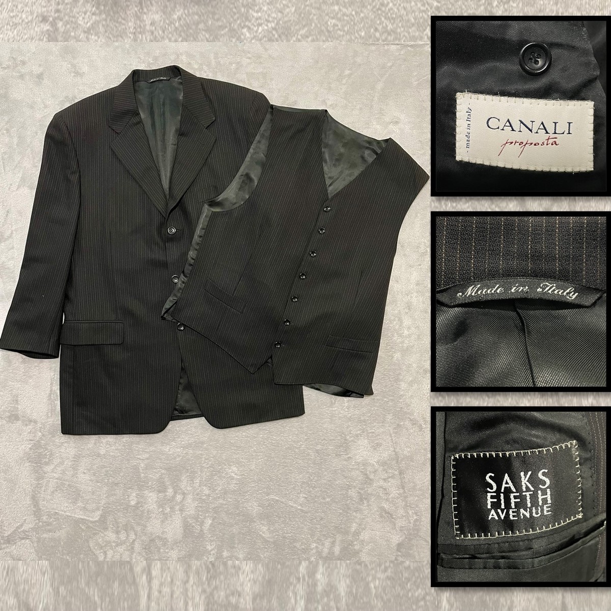 Canali Proposta 2Pc Suit Jacket & Vest EU 52R US 42R Black Pinstripe Wool Italy