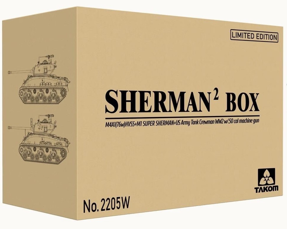 Takom 2205W 1:35th scale Sherman² Box M4A1(76w)HVSS + M1 Super Sherman + Figure