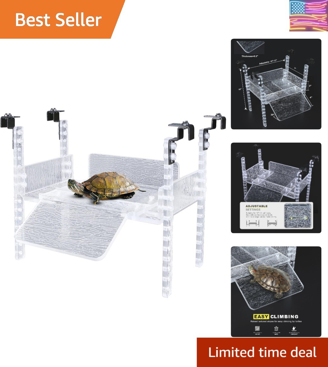 Adjustable Turtle Basking Platform, 10-13" Wide, Slip-Resistant Ramp, Acrylic... - Thumbnail 1