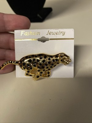Vintage  Brooch Gold Black Enamel Running  Panther Jaguar Leopard Cheetah Pin