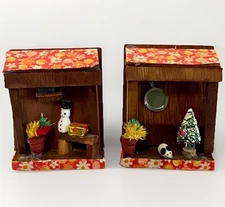 Set 2 Vintage Hand Made 3D Wood Diorama Christmas Shadow Box With Tree Snowman