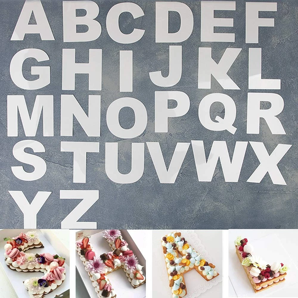 26 Alphabet Cake Stencils A-Z Letters Baking Template Flat Plastic Cutting Al...