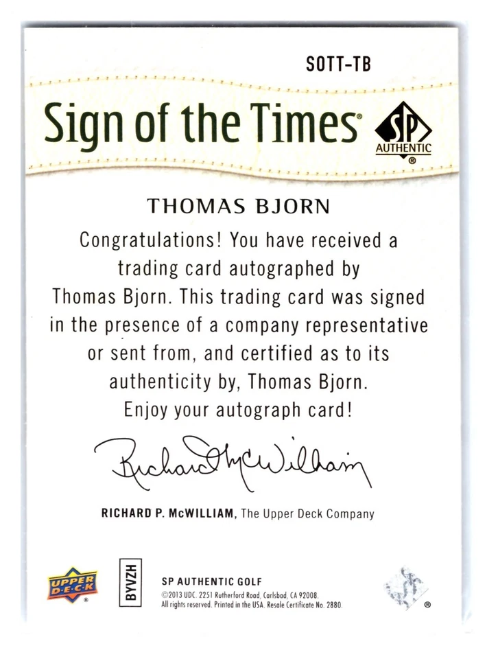 Thomas Bjorn 2014 SP Authentic Sign of the Times #SOTT-TB - Image 2 of 2
