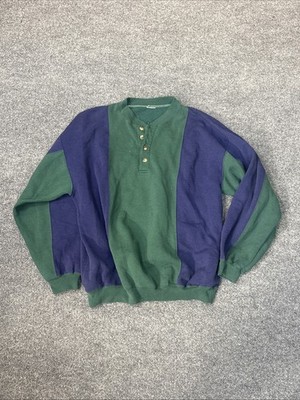 Vintage Green and Blue Striped 80 s  1/4 Button Sweatshirt Size Lg