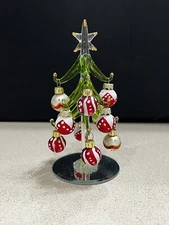 LS Arts Crystal Green Christmas Tree W/ Blown Ornaments 6” High NEW in BOX Glass