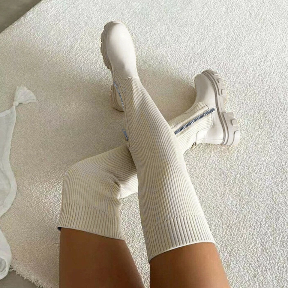 Womens Boots Punk Stretch Knitted Over Knee Thigh High Block Heels Knight Boots - Image 4 of 4