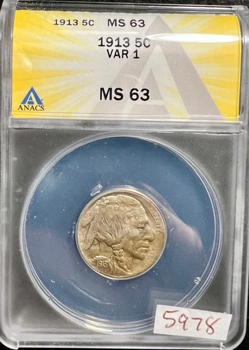 UNCIRCULATED 1913 MS63 Buffalo Nickel 5c Type 1 ANACS Choice BU Nice Luster 5978