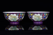 A Pair Chinese Pastel Porcelain HandPaintde Exquisite Bowl 梅兰竹菊 27537
