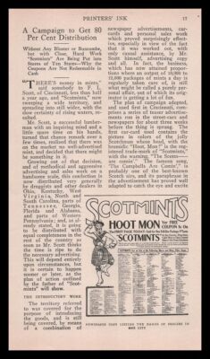1914 F. L. Scott Cincinnati Scotmints Hoot Mon Mints Candy Dealer List Print Ad