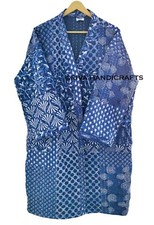 Indian Indigo Print Kantha Quilted Handmade Blue Boho Winter Mid-Length Jacket
