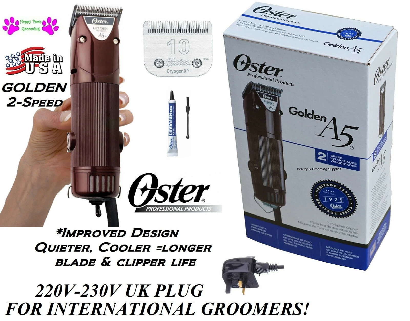 Oster GOLDEN A5 2 Speed 220V 230V UK CLIPPER&Cryogen-X 10 BLADE PET Grooming
Opens in a new window o