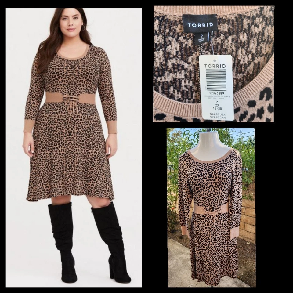 New 2 2X women TORRID leopard sweater corset dress long sleeve fit & flare