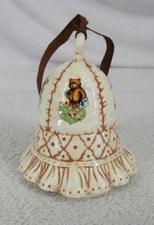 Bell Teddy Bear Dancing Ceramic Souvenir 5" Collectible Musical White Brown