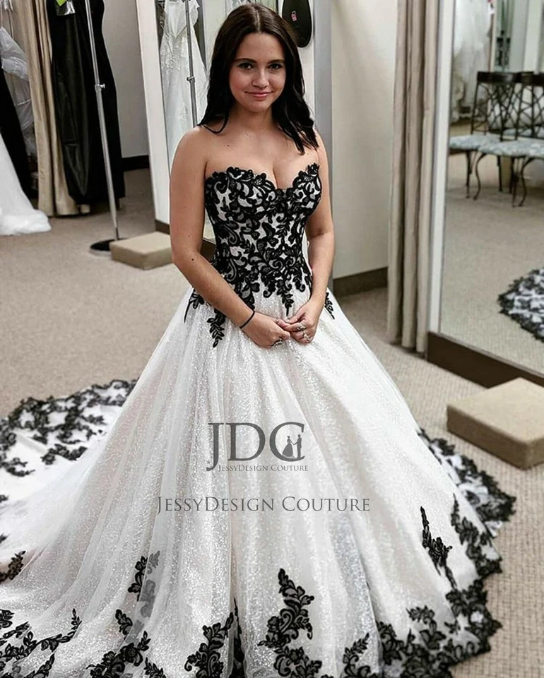 Gothik Ivory Schwarz Brautkleid Hochzeit Ballkleid Glitzertüll 32-50 Übergröße - Bild 2 von 4