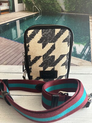 COACH Stanton Crossbody With Houndstooth Print Silver/Cream/Black