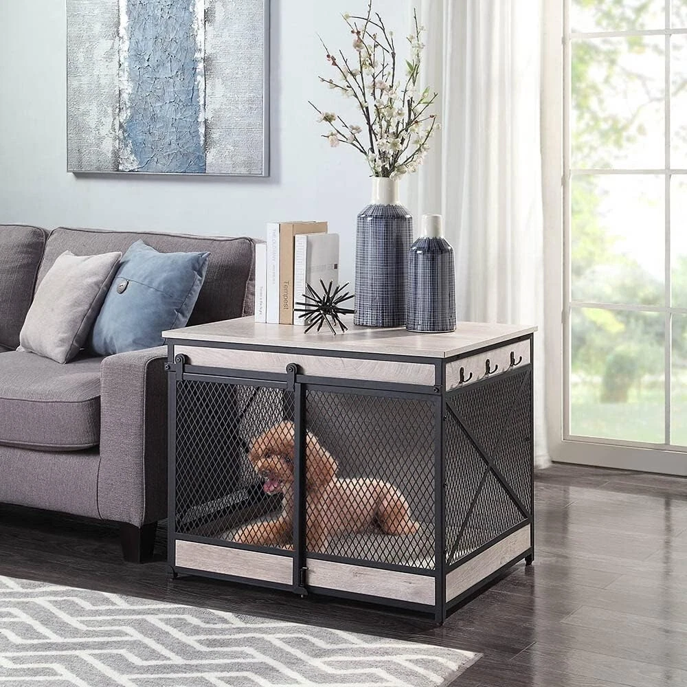 unipaws Sliding Door Dog Crate End Table with Cushion and Hooks