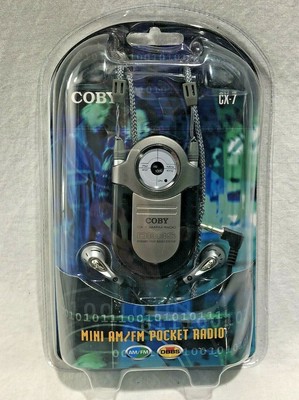 Coby Mini AM/FM DBBS Pocket Radio Black/Silver, Earphones, Neck Strap (CX-7) NEW