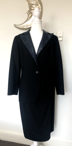 MILA SCHON 99% Wool 1% Silk 2 Piece Skirt Suit w Leather Lapel Sz 44 AU 12 EUC - Picture 1 of 12