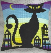 BLACK GRACE--Black Cat in the City--Stripes--Moon-Buildings--Quick Stitch Pillow