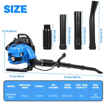 Leaf Blower, 75.6CC Gas Powered Backpack Blower, Powerful 4-Stroke Snow Blower