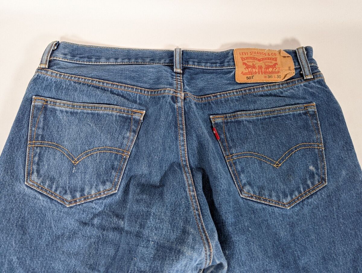 Vintage 90s Levis 501 Red Tab Button Fly Tag Med Wash Vintage 90s Levis 501 Red Tab Button Fly Tag Med Wash
