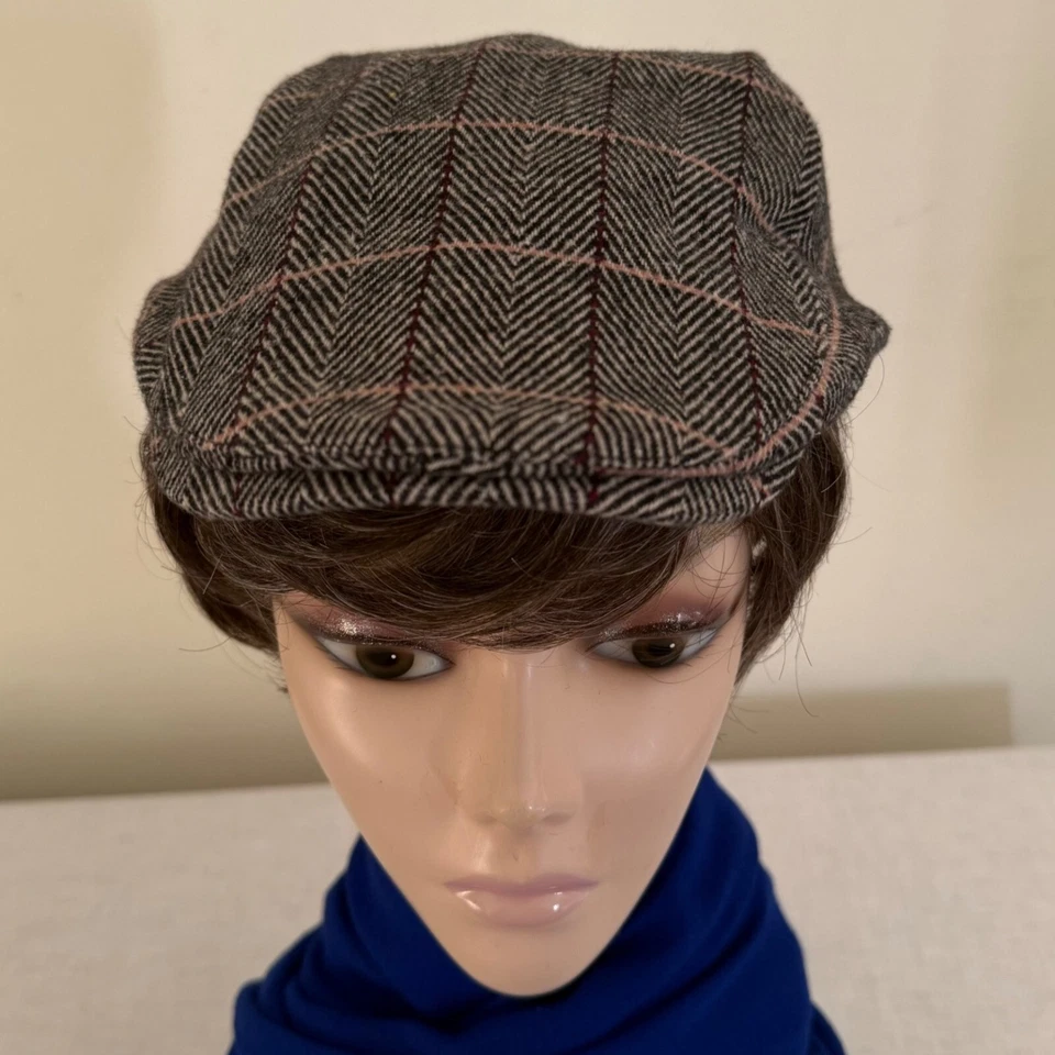 Gorra plana de lana gris a cuadros con patrón de espiga grande hecha a mano para hombre Newsboy Foto 2 de 4
