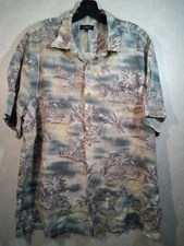 Croft & Barrow Hawaiian Shirt Men XL Beige Blue Short Sleeve Button Up