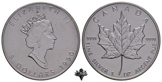 KANADA 5 dollars 1990 SILVER OUNCE 999 Silbermünze Bullion Elizabeth II Canada