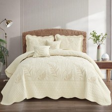 Botanical Oversized Bedspread Queen Size - Leaves Pattern Stitching Quilt Set -