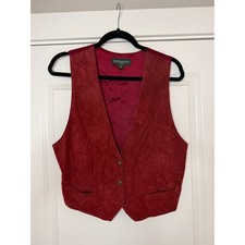 VTG 90s Bushwacker Unisex Sz L Suede Leather Vest Dark Red Pockets Buttons