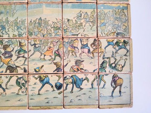 1800er Palmer Cox Brownies vierseitige Puzzle Blöcke vollständiges Set Schneeballfahren - Bild 5 von 13
