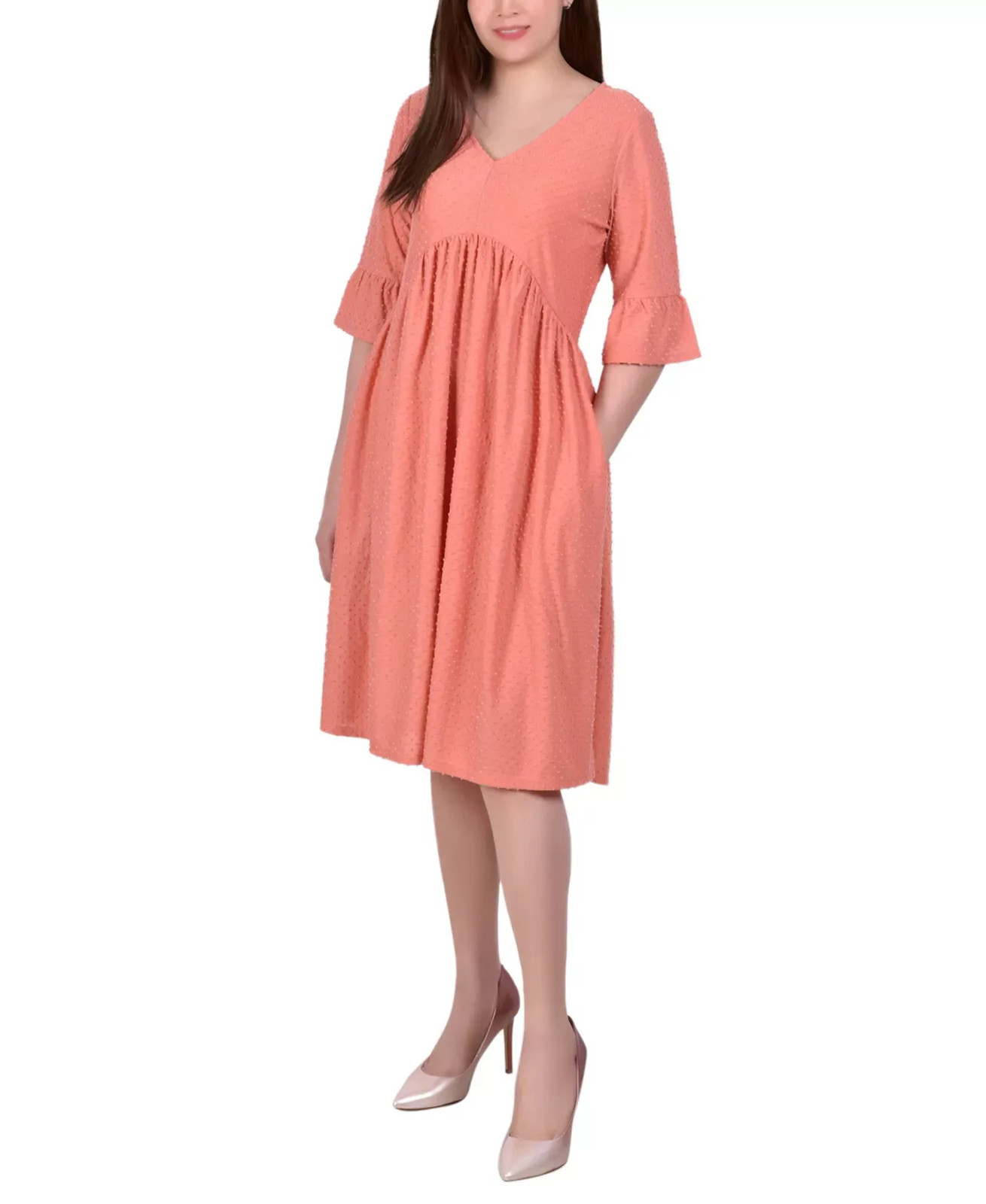 NY Collection Women's Petite Dress PL Elbow Sleeve Swiss Dot
