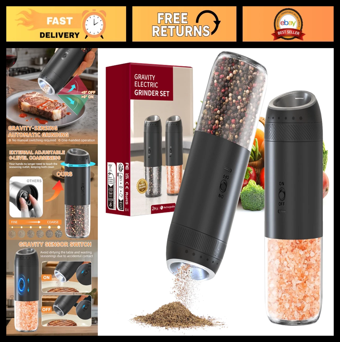 Rechargeable Electric Salt & Pepper Grinder Set - Adjustable Coarseness, LED Lig
