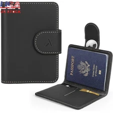 Genuine Leather RFID Passport Holder W/ Hidden AirTag Pocket Travel Wallet New