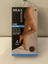 Silk Impressions Pantyhose 4 Pack XXXL Coffee Bean Sheer Control Top New/Box