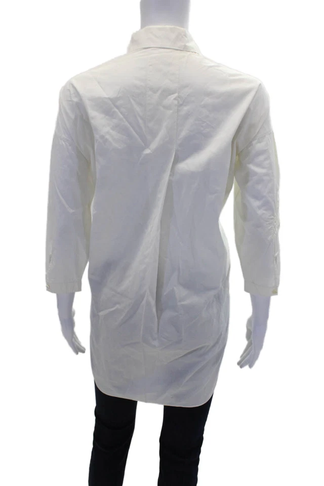 Camisa Akris Mujer Botón Frontal Manga 3/4 Cuello Blanco Algodón Talla 8 Foto 3 de 4