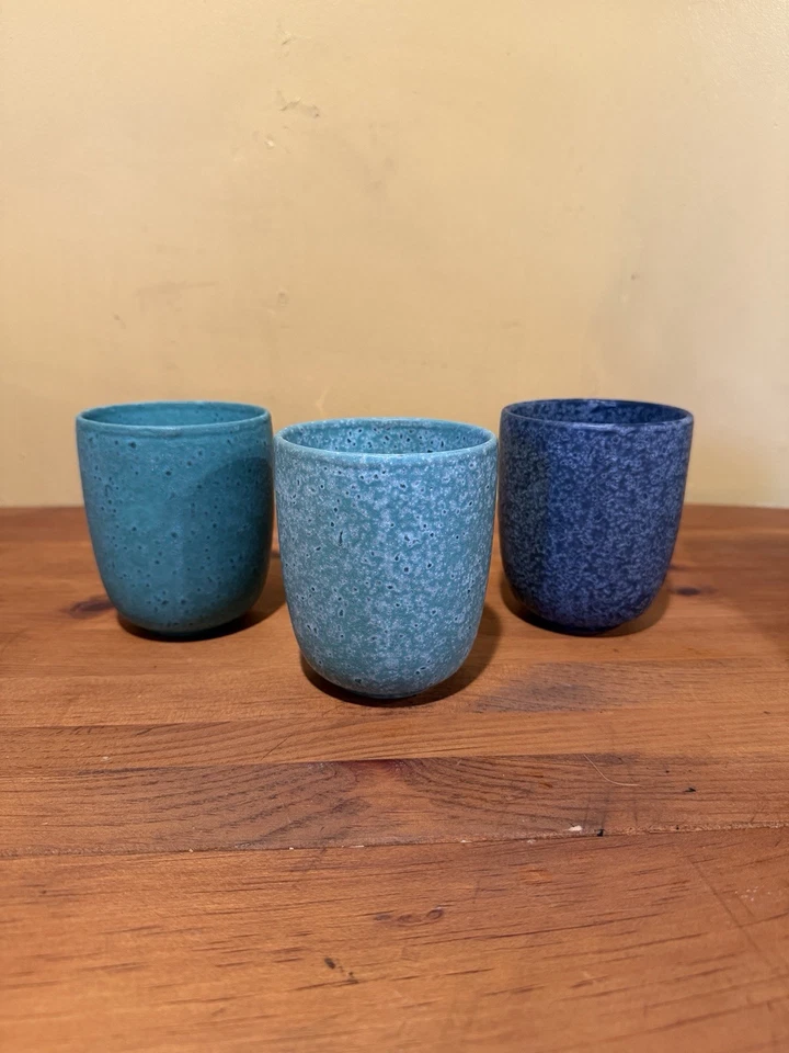 Набор из 3 кружек Anthropologie Stoneware с крапинками сине-зеленые серые современные бохо - Изображение 3 из 4