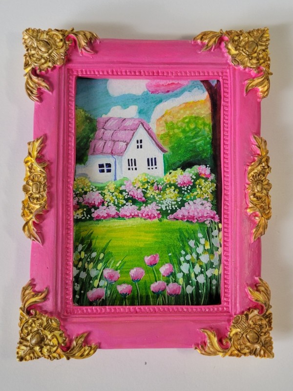 Hand Painted Victorian ACEO Art and Trading Card Frame Magnet Pink