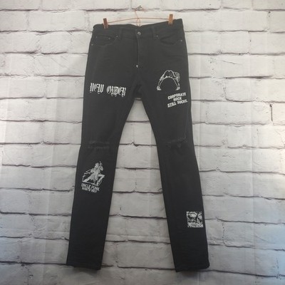 MNML Jeans Mens 34 Distressed Punk Zip Skinny Black White 5-Pocket