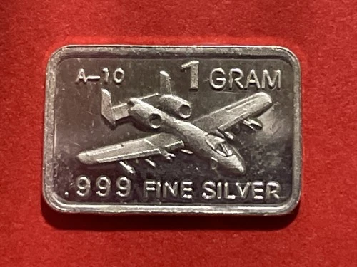 Solid Silver, 1 Gram, Nicely Detailed A-10 Warthog Bar! Fine .999 Pure Silver!