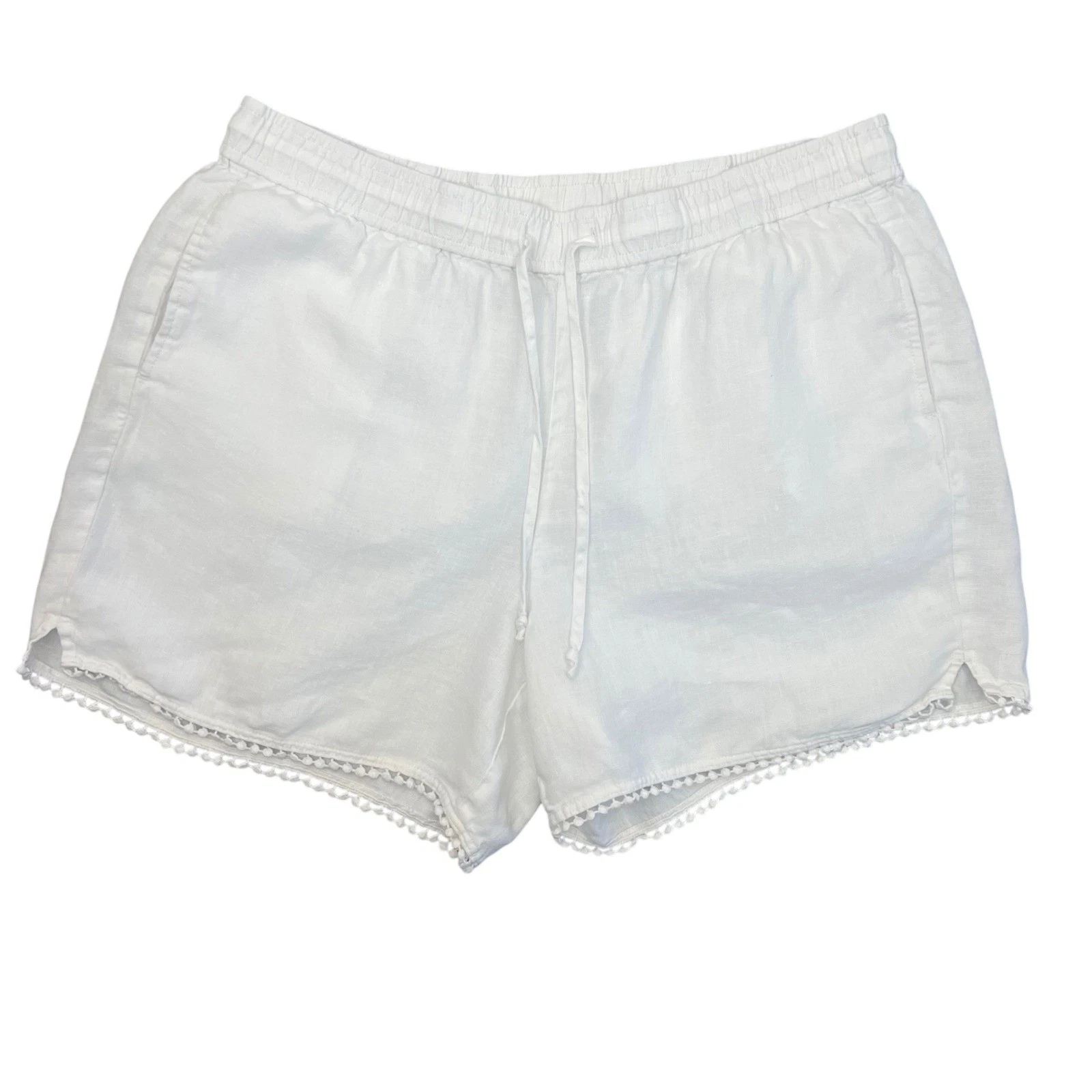 Talbots White 100% Linen Pom Pom Trim Drawstring Shorts Womens Large Coastal