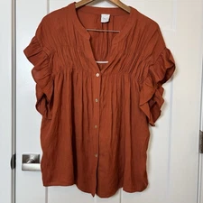 Women’s Cozy Co Rust Ruffle Short Sleeve Top Size L 0268