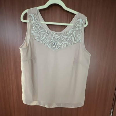 Le Bos Women's Beige Solid Chiffon V-Neck Embroidered Lined Tank Blouse 18W