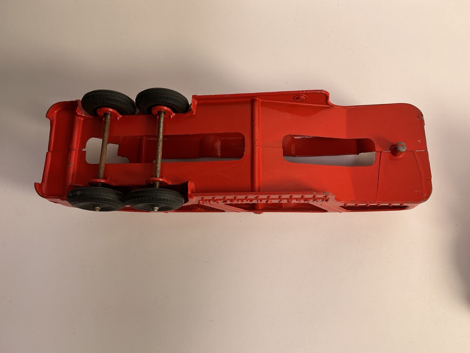 Vintage Hubley Kiddie Red Metal Comp Transport Diesel Truck, Trailer, Ramp, Cars thumbnail 10